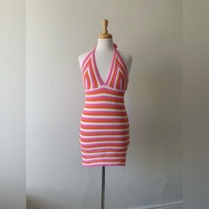 Beige Botany Crochet Halter Dress Pink Orange Stripe – Size S